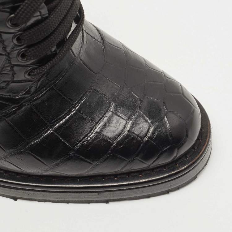 Pre Owned Bottega Veneta Black Croc Embossed Leather Wedge Oxford Pumps Size 37