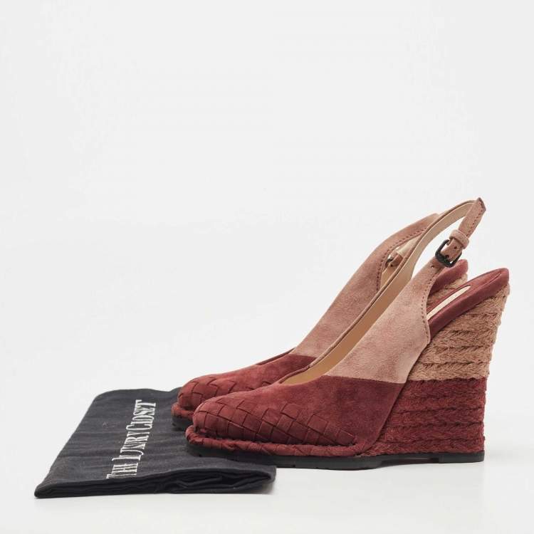 Pre Owned Bottega Veneta Burgundy/Pink Intrecciato Suede Espadrille Wedge Slingback Pumps Size 37