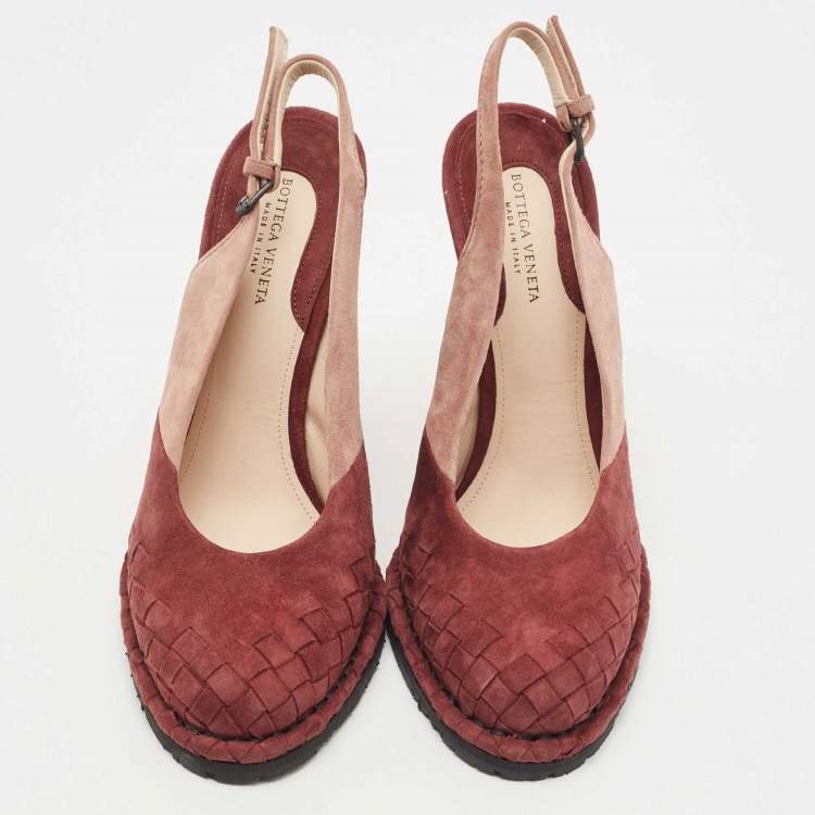 Pre Owned Bottega Veneta Burgundy/Pink Intrecciato Suede Espadrille Wedge Slingback Pumps Size 37
