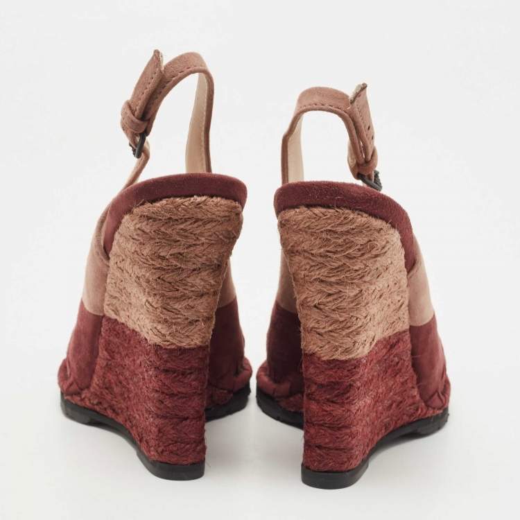 Pre Owned Bottega Veneta Burgundy/Pink Intrecciato Suede Espadrille Wedge Slingback Pumps Size 37
