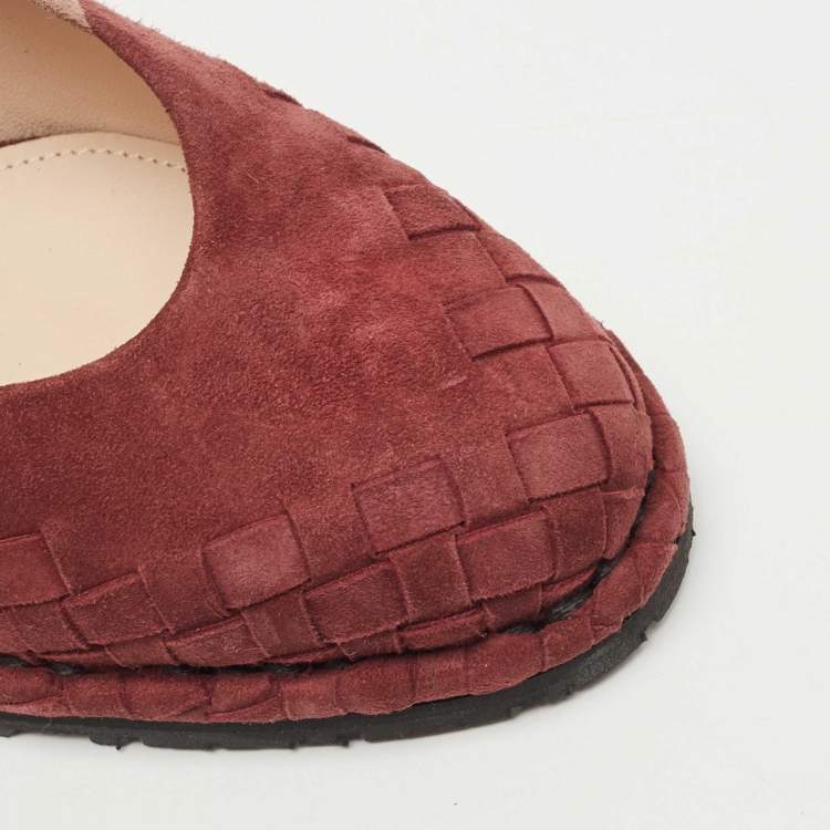 Pre Owned Bottega Veneta Burgundy/Pink Intrecciato Suede Espadrille Wedge Slingback Pumps Size 37