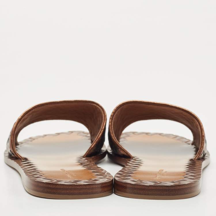 Pre Owned Bottega Veneta Metallic Leather Intrecciato Flat Slides Size 40