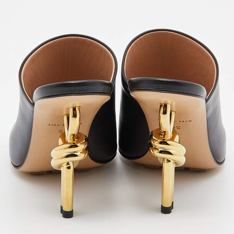 Pre Owned Bottega Veneta Black Leather Knot Heel Mules Size 36