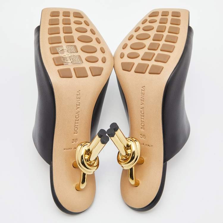 Pre Owned Bottega Veneta Black Leather Knot Heel Mules Size 36