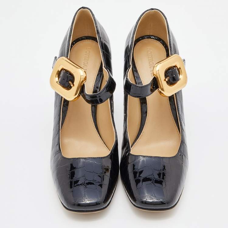 مملوكة مسبقًا Bottega Veneta Black Croc Embossed Patent Leather Block Heel Pumps Size 39