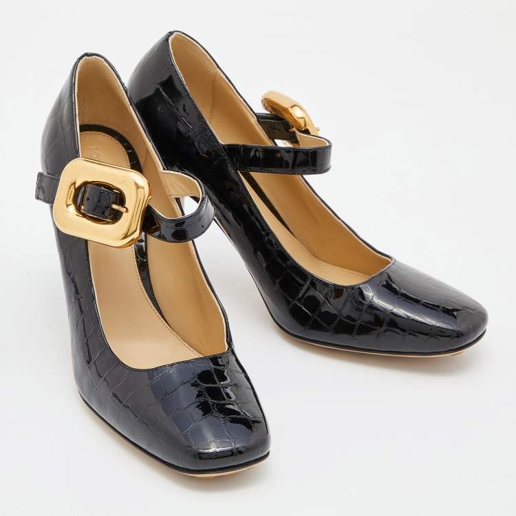مملوكة مسبقًا Bottega Veneta Black Croc Embossed Patent Leather Block Heel Pumps Size 39