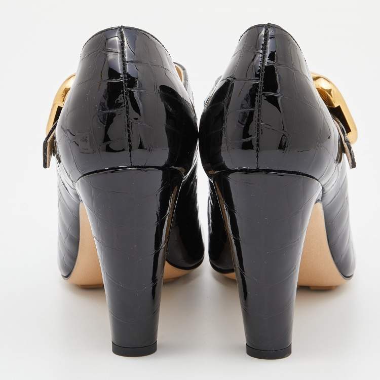 مملوكة مسبقًا Bottega Veneta Black Croc Embossed Patent Leather Block Heel Pumps Size 39