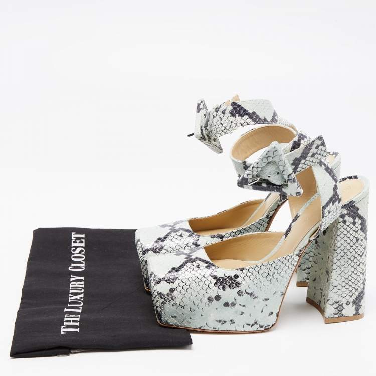 Pre Owned Bottega Veneta Two Tone Embossed Snakeskin Square Toe Ankle Strap Pumps Size 38