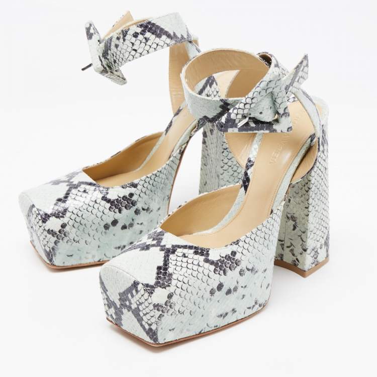 Pre Owned Bottega Veneta Two Tone Embossed Snakeskin Square Toe Ankle Strap Pumps Size 38