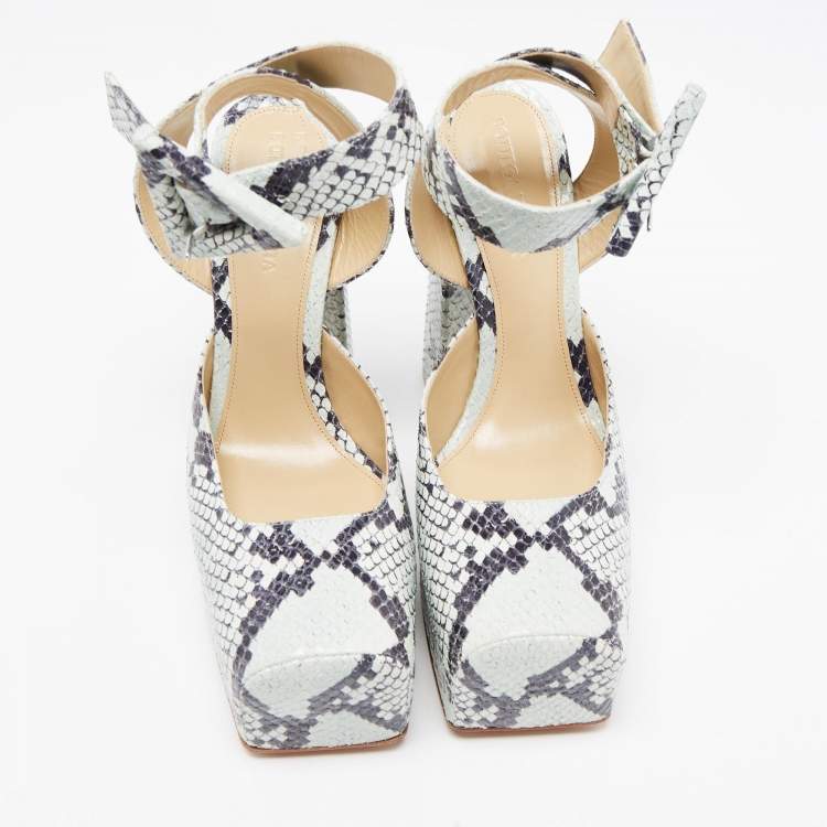 Pre Owned Bottega Veneta Two Tone Embossed Snakeskin Square Toe Ankle Strap Pumps Size 38