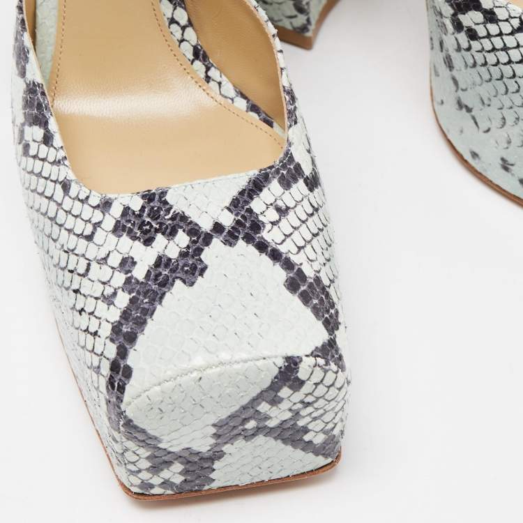 Pre Owned Bottega Veneta Two Tone Embossed Snakeskin Square Toe Ankle Strap Pumps Size 38