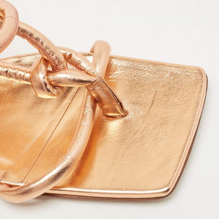 Pre Owned Bottega Veneta Metallic Rose Gold Leather Ankle Tie Flats Size 39.5