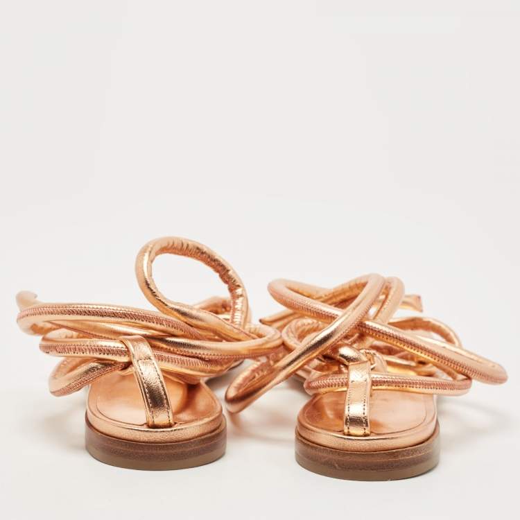 Pre Owned Bottega Veneta Metallic Rose Gold Leather Ankle Tie Flats Size 39.5