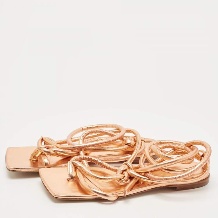 Pre Owned Bottega Veneta Metallic Rose Gold Leather Ankle Tie Flats Size 39.5