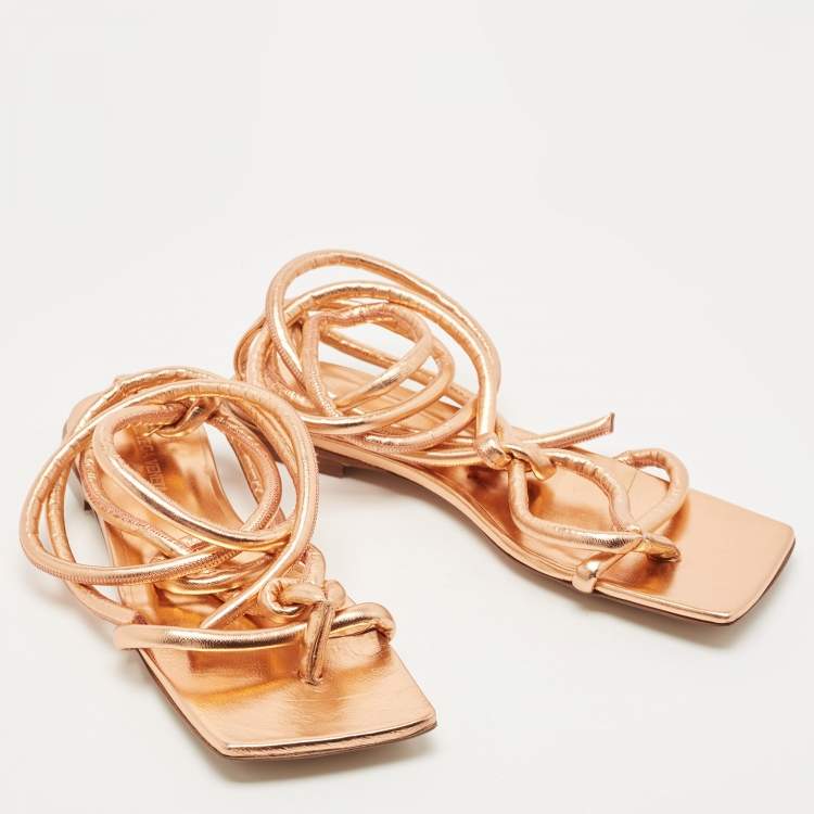 Pre Owned Bottega Veneta Metallic Rose Gold Leather Ankle Tie Flats Size 39.5