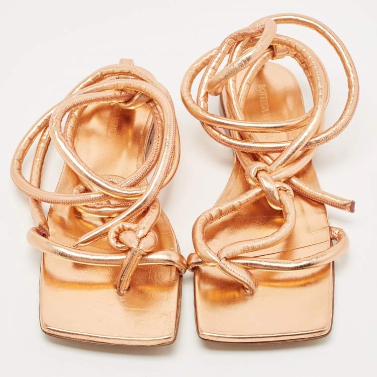 Pre Owned Bottega Veneta Metallic Rose Gold Leather Ankle Tie Flats Size 39.5