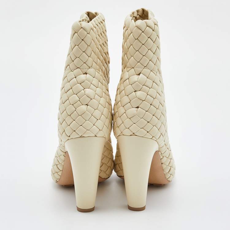 Pre Owned Bottega Veneta Beige Intrecciato Leather Canalazzo Ankle Boots Size 36