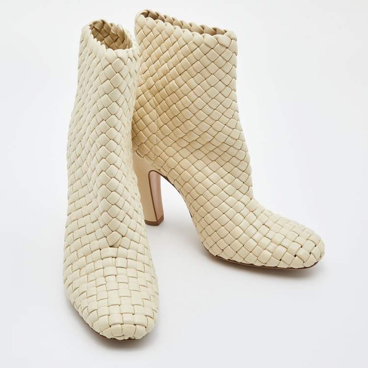 Pre Owned Bottega Veneta Beige Intrecciato Leather Canalazzo Ankle Boots Size 36