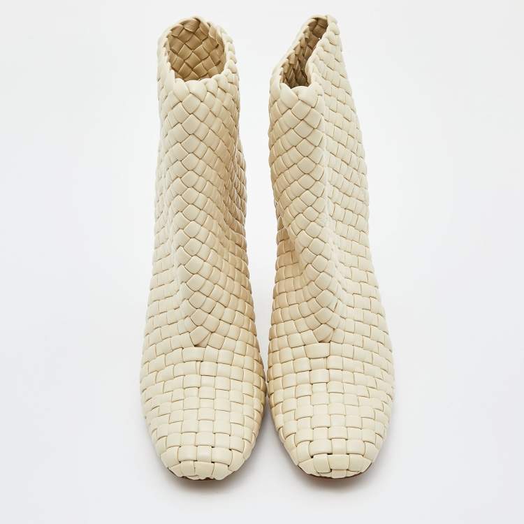 Pre Owned Bottega Veneta Beige Intrecciato Leather Canalazzo Ankle Boots Size 36