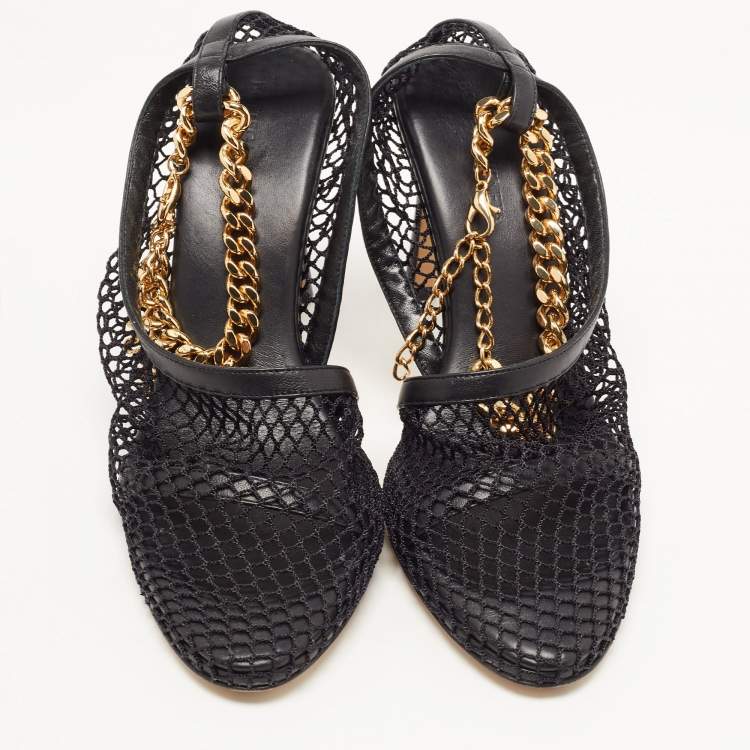 Pre Owned Bottega Veneta Black Mesh and Leather Chunky Chain Ankle Strap Sandals Size 37.5