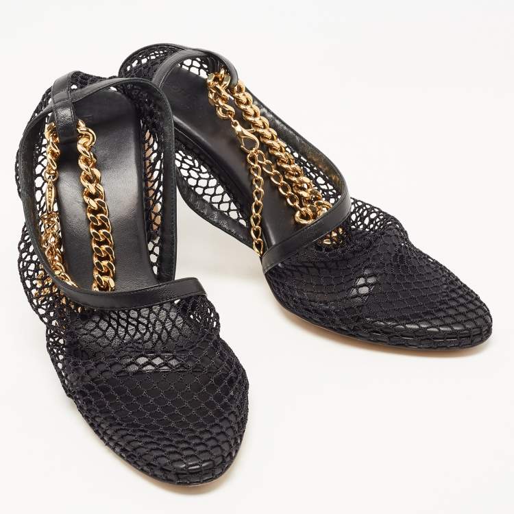 Pre Owned Bottega Veneta Black Mesh and Leather Chunky Chain Ankle Strap Sandals Size 37.5