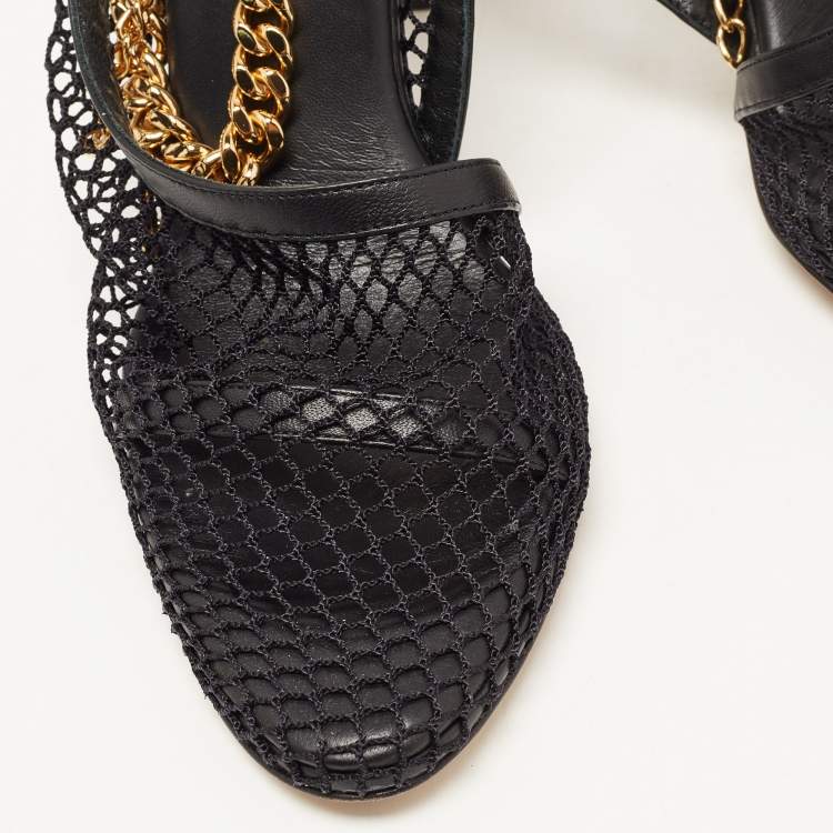 Pre Owned Bottega Veneta Black Mesh and Leather Chunky Chain Ankle Strap Sandals Size 37.5