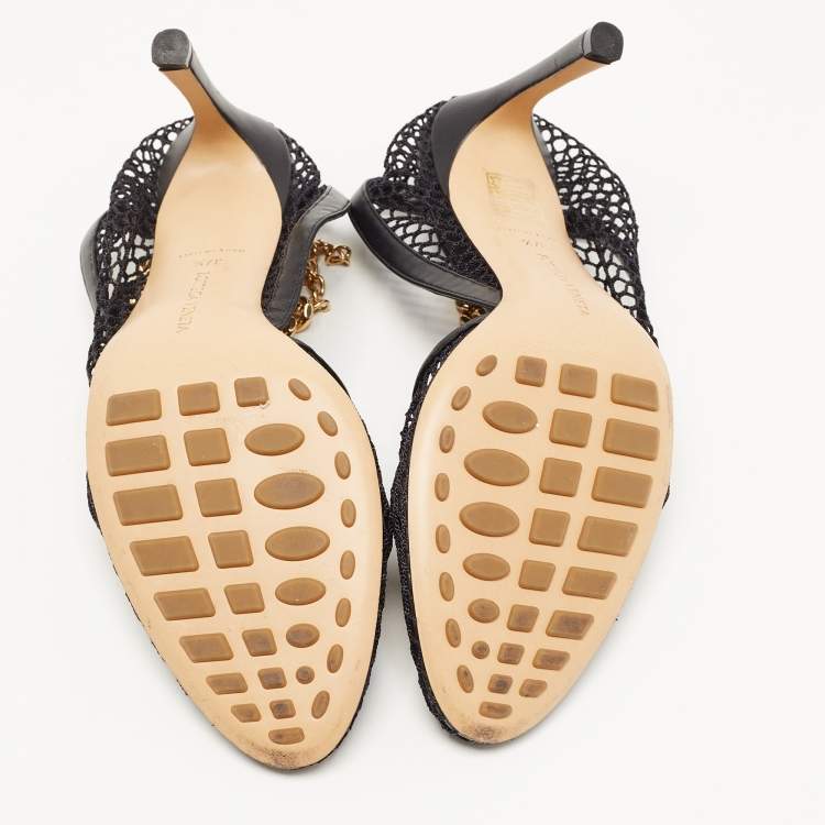 Pre Owned Bottega Veneta Black Mesh and Leather Chunky Chain Ankle Strap Sandals Size 37.5