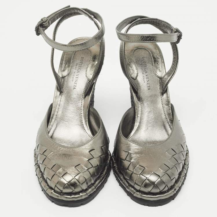 Pre Owned Bottega Veneta Metallic Intrecciato Leather Espadrille Wedge Ankle Strap Sandals Size 35