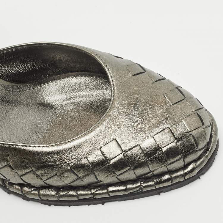 Pre Owned Bottega Veneta Metallic Intrecciato Leather Espadrille Wedge Ankle Strap Sandals Size 35