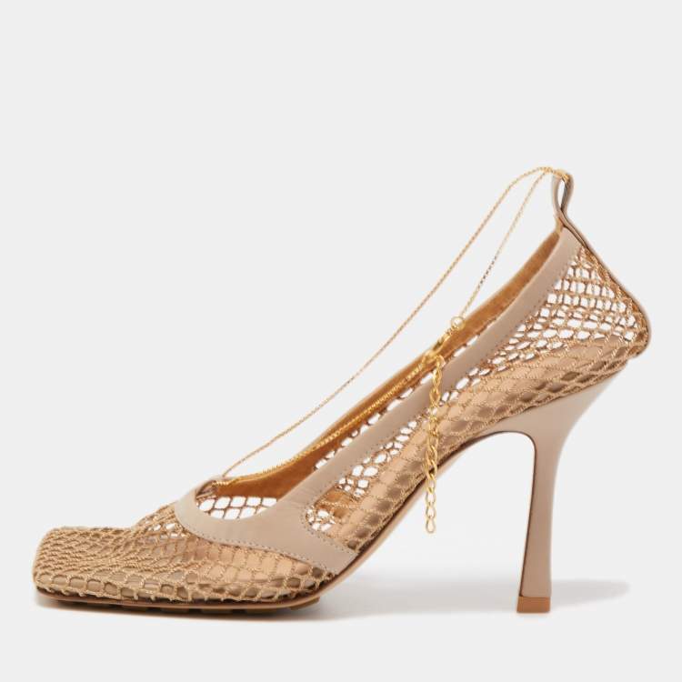 Pre Owned Bottega Veneta Beige Leather and Stretch Mesh Square Toe Pumps Size 37