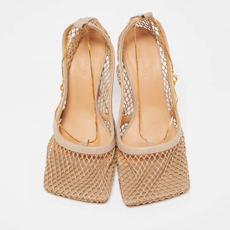 Pre Owned Bottega Veneta Beige Leather and Stretch Mesh Square Toe Pumps Size 37