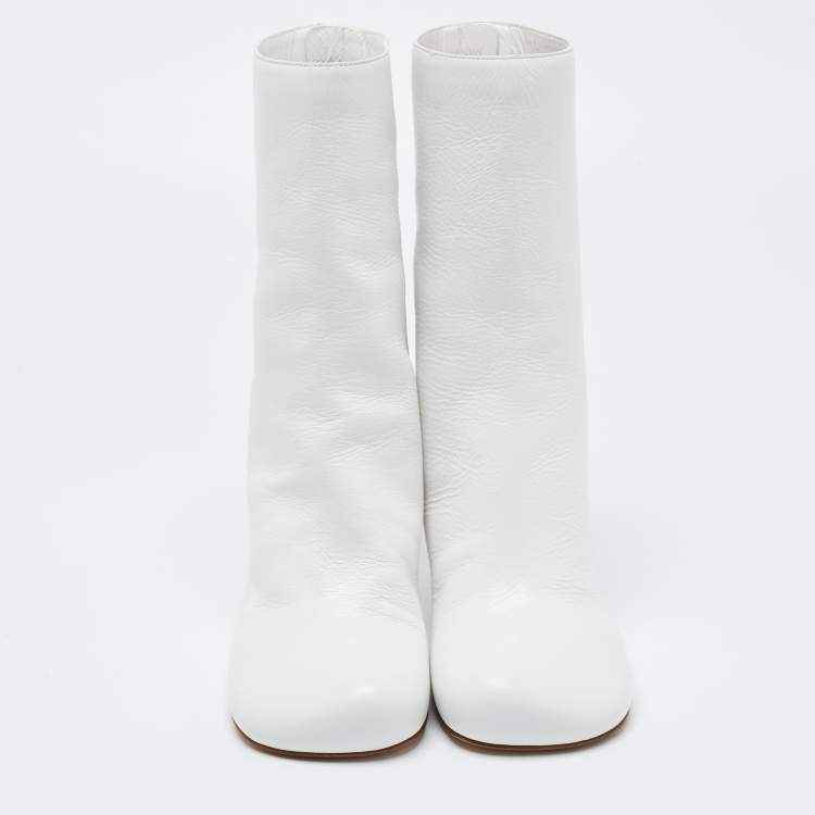 Pre Owned Bottega Veneta White Leather Ankle Boots Size 38.5