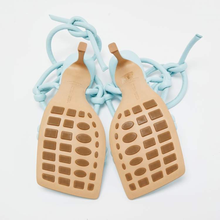 Pre Owned Bottega Veneta Light Blue Knotted Leather Slingback Ankle Tie Sandals Size 38.5
