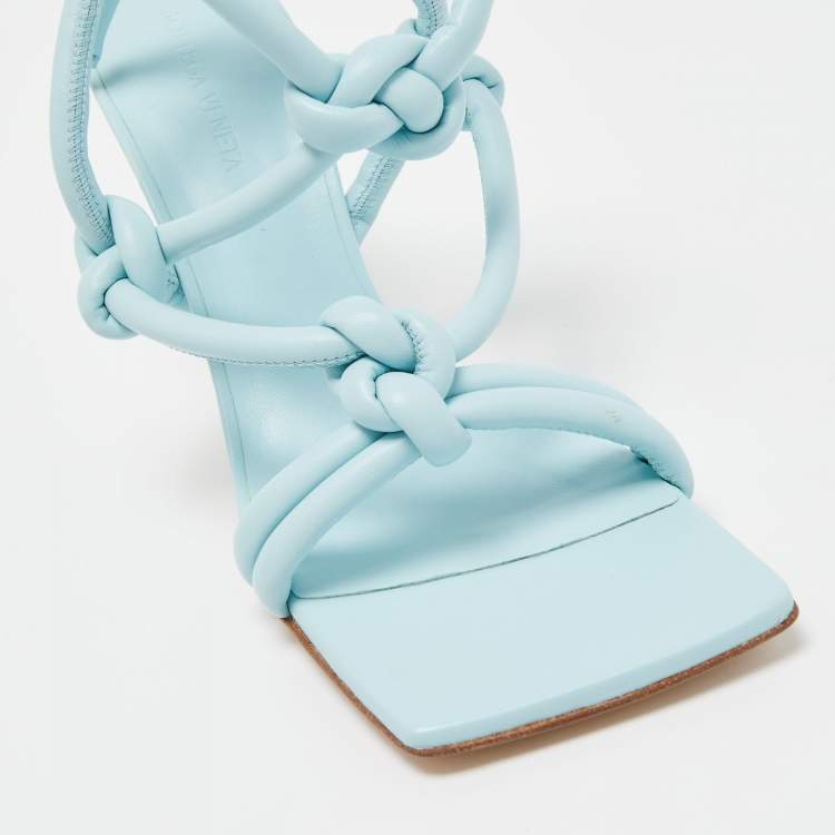 Pre Owned Bottega Veneta Light Blue Knotted Leather Slingback Ankle Tie Sandals Size 38.5