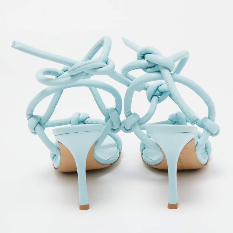 Pre Owned Bottega Veneta Light Blue Knotted Leather Slingback Ankle Tie Sandals Size 38.5