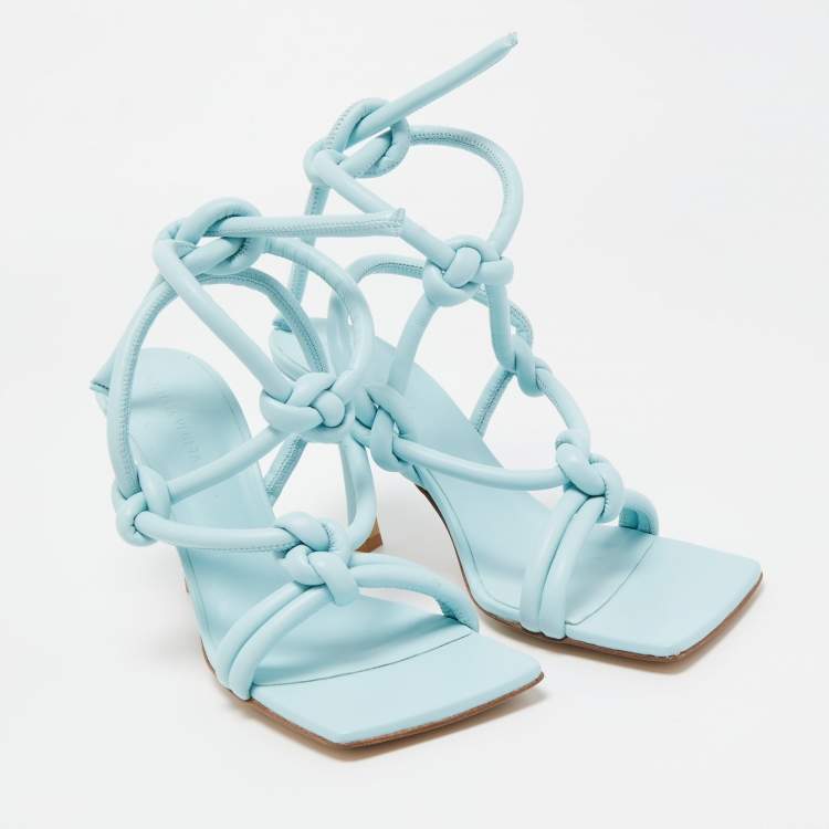 Pre Owned Bottega Veneta Light Blue Knotted Leather Slingback Ankle Tie Sandals Size 38.5