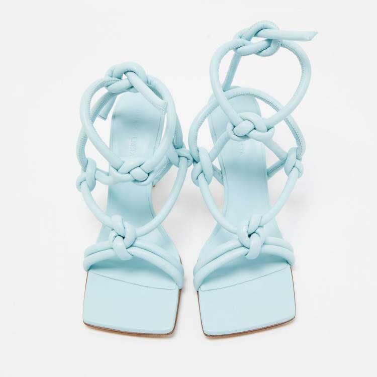 Pre Owned Bottega Veneta Light Blue Knotted Leather Slingback Ankle Tie Sandals Size 38.5