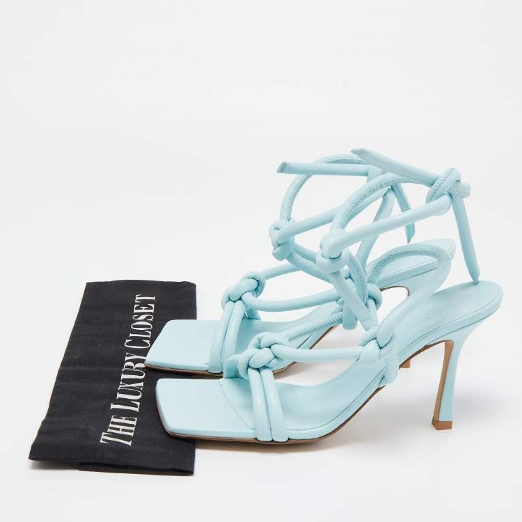Pre Owned Bottega Veneta Light Blue Knotted Leather Slingback Ankle Tie Sandals Size 38.5