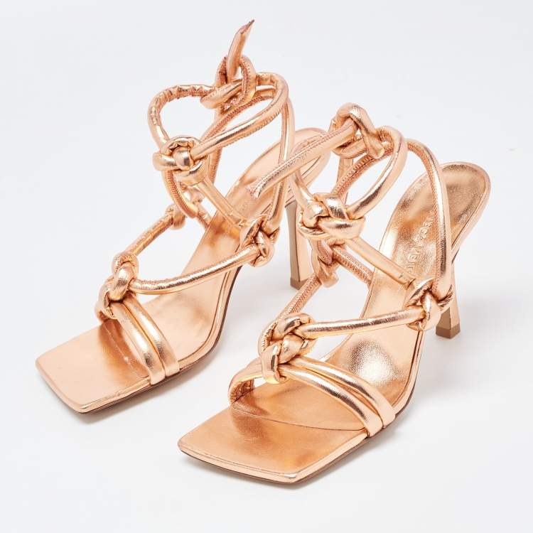 Pre Owned Bottega Veneta Rose Gold Knotted Leather Ankle Tie Sandals Size 36