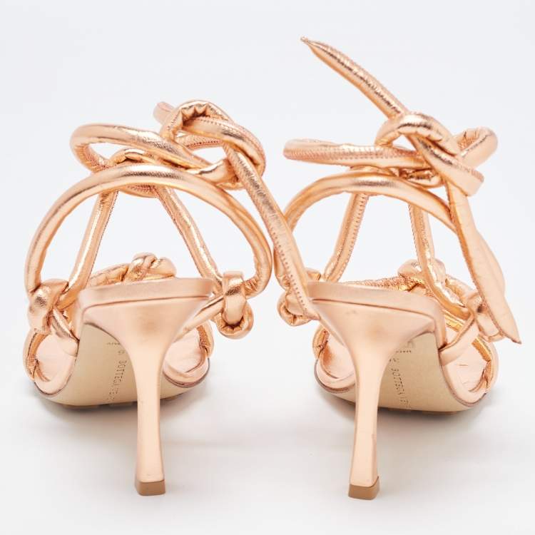 Pre Owned Bottega Veneta Rose Gold Knotted Leather Ankle Tie Sandals Size 36