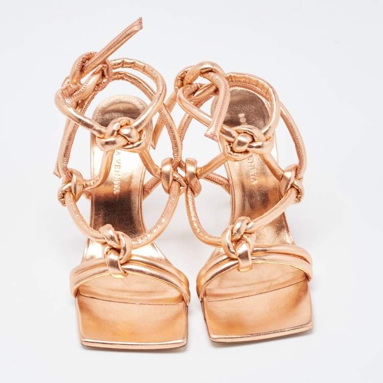 Pre Owned Bottega Veneta Rose Gold Knotted Leather Ankle Tie Sandals Size 36