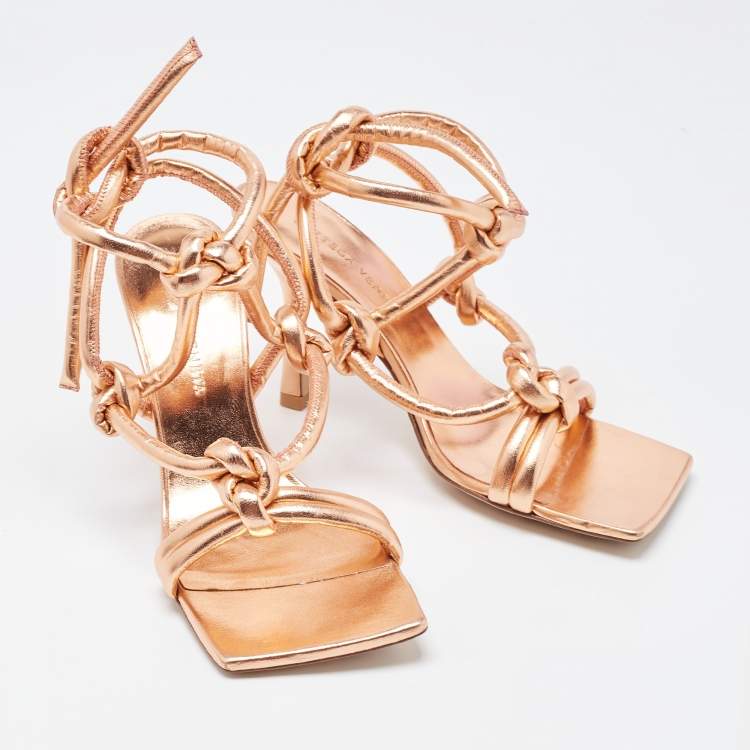 Pre Owned Bottega Veneta Rose Gold Knotted Leather Ankle Tie Sandals Size 36