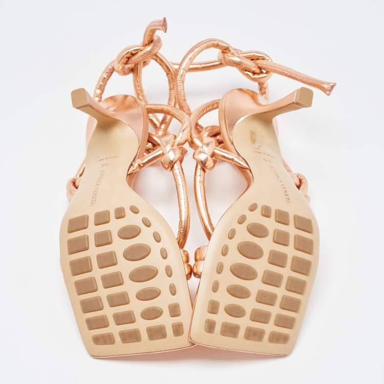 Pre Owned Bottega Veneta Rose Gold Knotted Leather Ankle Tie Sandals Size 36