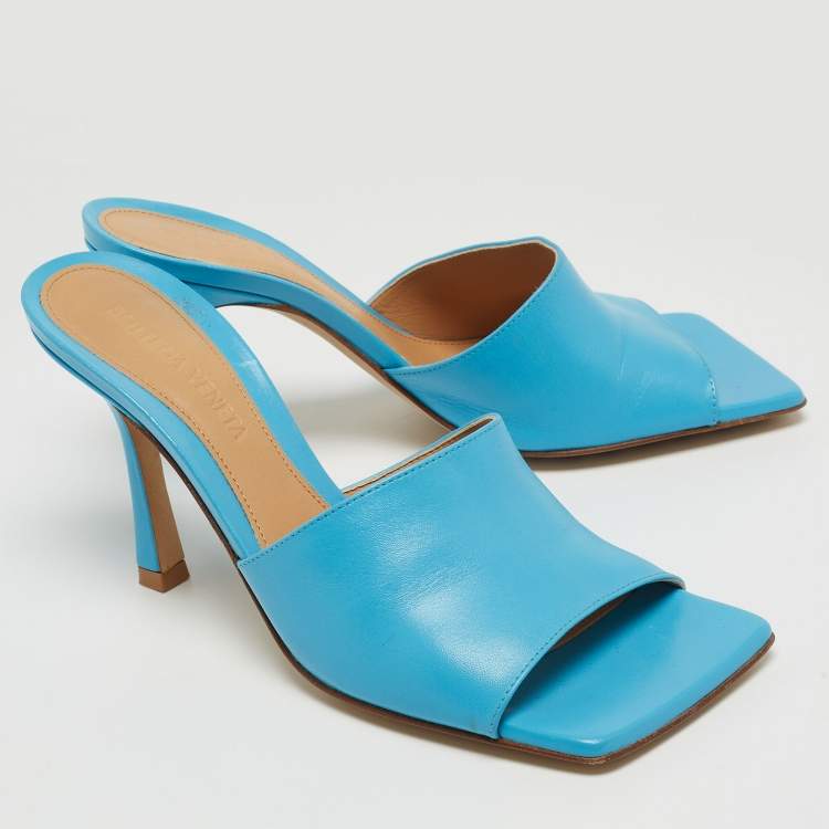 Pre Owned Bottega Veneta Blue Leather Stretch Slide Sandals Size 36