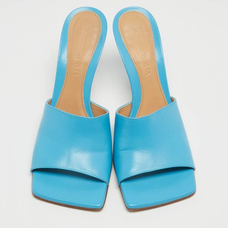 Pre Owned Bottega Veneta Blue Leather Stretch Slide Sandals Size 36