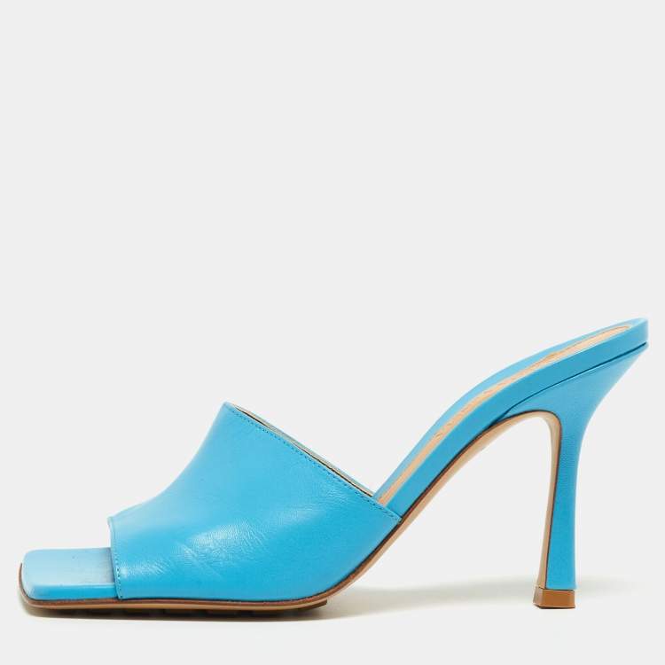 Pre Owned Bottega Veneta Blue Leather Stretch Slide Sandals Size 36