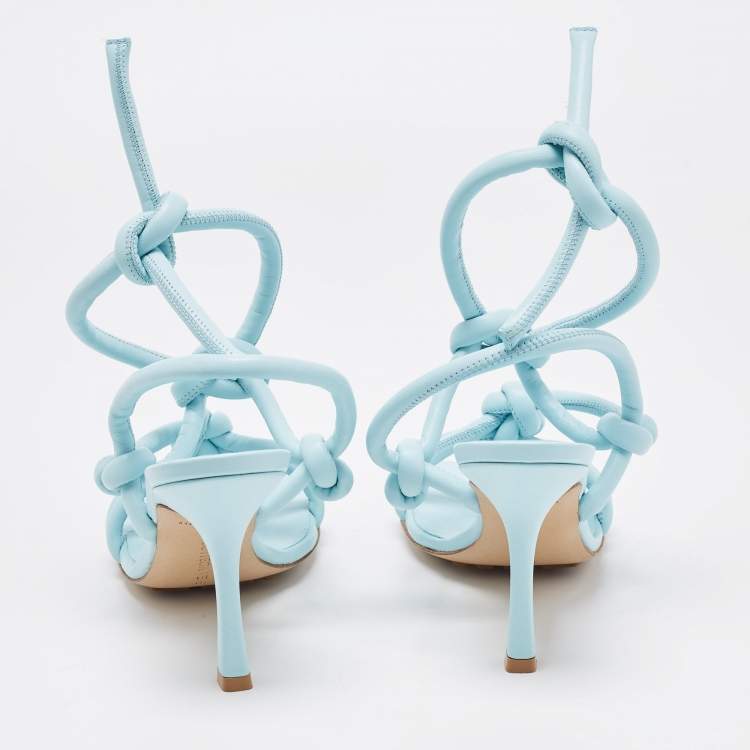 مملوكة مسبقًا Bottega Veneta Blue Knotted Leather Ankle Strap Sandals Size 36