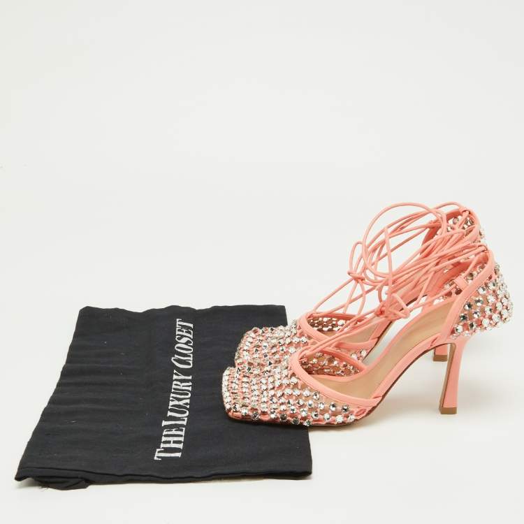 Pre Owned Bottega Veneta Peach Mesh and Leather Crystal Embellished Stretch Ankle Tie Pumps Size 36