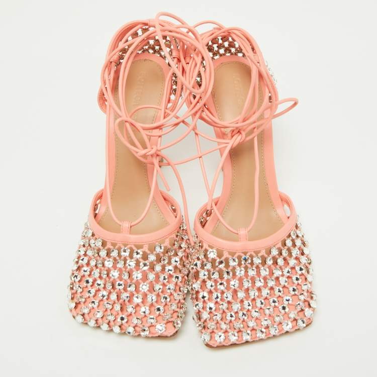 Pre Owned Bottega Veneta Peach Mesh and Leather Crystal Embellished Stretch Ankle Tie Pumps Size 36