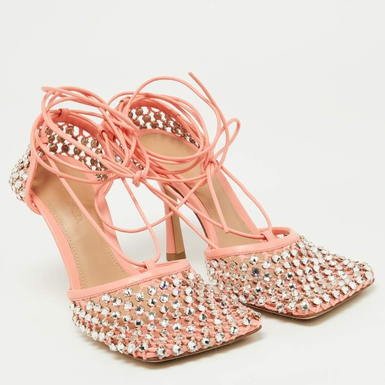 Pre Owned Bottega Veneta Peach Mesh and Leather Crystal Embellished Stretch Ankle Tie Pumps Size 36